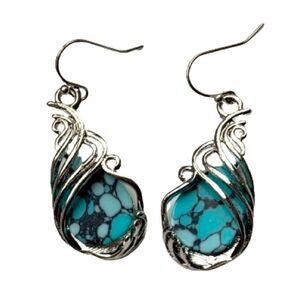Tibetan Nepal Style Turquoise Color Dangle Drop Marble Blue Stone Earrings NEW